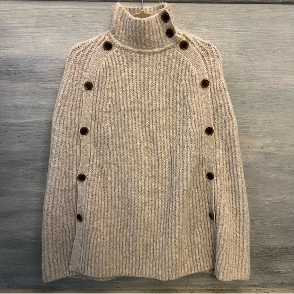 J. Crew Sweaters - J. Crew Beige Gray Knit Sweater Poncho Cape High Collar Button Neck XXS/XS GC